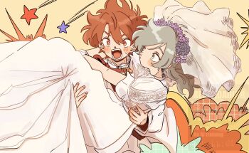 1boy 1girl blush bridal_veil brown_hair carrying chokki_01 commentary dress ensemble_stars! genderswap genderswap_(mtf) green_hair hair_between_eyes highres long_hair looking_at_another looking_at_viewer morisawa_chiaki open_mouth princess_carry shinkai_kanata short_hair star_(symbol) sweatdrop teeth tongue veil wedding white_dress