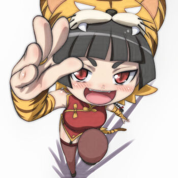 1girl animal_hat black_hair black_shoes blush braid breasts brown_thighhighs china_dress chinese_clothes detached_sleeves dress etotama fangs from_above garter_straps hair_ribbon hat highres large_breasts long_sleeves looking_at_viewer open_mouth orange_hat red_dress red_eyes red_ribbon ribbon running shima-tan shoes single_braid sleeveless sleeveless_dress slit_pupils smile t_jiroo_(ringofriend) tail teeth thighhighs tiger_girl tiger_hat tiger_tail white_background