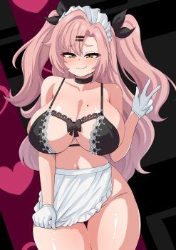 1girl absurdres apron apron_tug black_background black_bow black_bra black_choker black_ribbon blush bow bow_bra bra breasts choker cleavage closed_mouth collarbone commentary frilled_apron frills gloves green_eyes groin hair_between_eyes hair_ornament hair_ribbon hairclip heart highres huge_breasts lace lace-trimmed_bra lace_trim long_hair looking_at_viewer maid_apron maid_headdress mole mole_on_breast mole_under_eye navel nicole_demara no_panties pink_background pink_hair pink_lips ribbon single_hair_intake smile solo stomach the_only_shoe thighs two_side_up underwear w waist_apron wavy_mouth white_apron white_gloves zenless_zone_zero