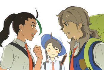 1boy 2girls arven_(pokemon) backpack bag blue_vest blush_stickers braid brown_hair ch_walnut clenched_hand clenched_teeth closed_eyes closed_mouth collared_shirt gen_4_pokemon green_eyes green_hair hand_up hat highres juliana_(pokemon) multicolored_hair multiple_girls necktie nemona_(pokemon) nintendo orange_necktie pokemon pokemon_sv ponytail rotom rotom_phone school_uniform shirt smile strap teeth two-tone_hair upper_body vest white_background white_shirt
