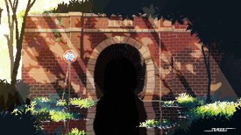 abandoned animated animated_gif artist_name brick_wall dithering falling_leaves leaf light_rays looping_animation nature no_humans original outdoors pixel_art reflection reflective_liquid seaeees sign sparkle sunlight tree tunnel water