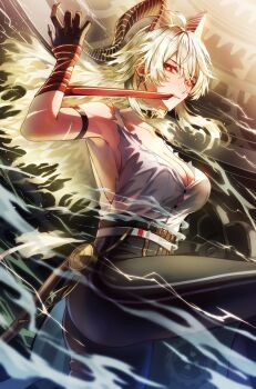 1girl arm_strap ass bare_shoulders black_gloves black_horns black_pants blonde_hair breasts bright_pupils button_gap cleavage collarbone commentary cowboy_shot curled_horns earrings electricity gloves high-waist_pants highres horns jewelry key_earrings kuro015896 large_breasts long_hair looking_at_viewer mouth_hold necktie necktie_around_wrists pants red_eyes red_necktie shirt solo torn_clothes torn_shirt white_pupils white_shirt wuthering_waves zani_(wuthering_waves)