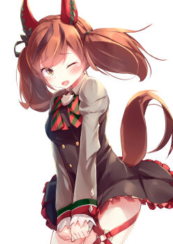 Rule 34 | 1girl, absurdres, animal ears, black dress, blush, bow, bowtie, breasts, brown eyes, brown hair, commentary request, diagonal-striped bow, dress, ear bow, ear covers, ear ribbon, green bow, green bowtie, highres, horse ears, horse girl, horse tail, juliet sleeves, kanzakietc, long sleeves, looking at viewer, medium breasts, medium hair, multicolored hair, nice nature (poinsettia ribbon) (umamusume), nice nature (umamusume), o-ring, o-ring thigh strap, one eye closed, open mouth, pinafore dress, puffy sleeves, red bow, simple background, sleeveless, sleeveless dress, solo, streaked hair, striped bow, striped bowtie, striped clothes, tail, thigh strap, twintails, umamusume, white background