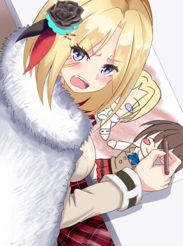 1girl absurdres angry aoi_erika black_flower black_rose blonde_hair blue_eyes blush bob_cut breasts cape character_doll child&#039;s_drawing doll eyes_visible_through_hair flower from_behind fur-trimmed_cape fur_cape fur_trim hair_flower hair_ornament heaven_burns_red highres holding long_sleeves looking_at_viewer looking_back medium_hair minase_ichigo open_mouth paradox_(pixiv_24678177) parted_bangs pen pencil plaid_clothes plaid_skirt purple_eyes rose school_uniform short_hair skirt solo table white_cape