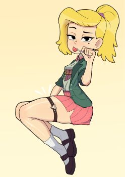 1girl amphibia black_eyes black_shoes blonde_hair blue_sweater blush breasts candy disney food food_in_mouth green_jacket heart holding holding_candy holding_food holding_lollipop jacket loli lollipop long_hair looking_at_viewer mary_janes mole mole_under_eye open_clothes open_jacket ponytail print_sweater purple_shirt purple_skirt raised_eyebrow rukisan(pixiv) sasha_waybright school_uniform scrunchie shirt shoes short_sleeves sitting skirt small_breasts smile socks sweater thick_thighs thigh_strap thighs white_socks yellow_background