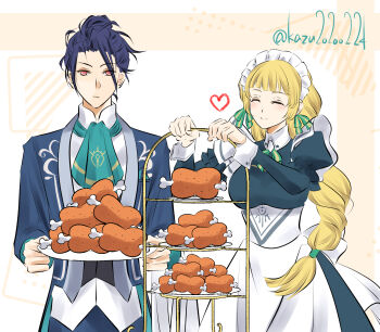 1boy 1girl apron ascot blonde_hair blue_dress blue_hair blue_suit blush boned_meat bow breasts butler closed_eyes closed_mouth dress felix_hugo_fraldarius felix_hugo_fraldarius_(savant&#039;s_service) fire_emblem fire_emblem:_three_houses fire_emblem_heroes food formal_clothes green_bow headdress highres holding holding_tray ingrid_brandl_galatea ingrid_brandl_galatea_(cordial_teatime) jacket kazu20200224 long_hair long_sleeves maid maid_apron maid_headdress meat medium_breasts nintendo official_alternate_costume red_eyes shirt simple_background smile suit tiered_tray tray white_apron white_shirt