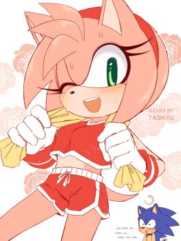 Rule 34 | amy rose, blue fur, blue hair, blush, bra, excited, green eyes, hairband, legs, medium hair, petite, pink fur, pink hair, sega, shorts, sonamy, sonic (series), sonic the hedgehog, sports bra, sports shorts, sportswear, sweat, sweatdrop, underwear