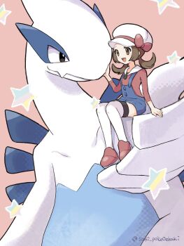 1girl blue_overalls blush bow brown_eyes brown_hair closed_mouth fang gen_2_pokemon hat hat_bow highres legendary_pokemon long_hair lugia lyra_(pokemon) newsboy_cap nintendo open_mouth overalls pokemon pokemon_(creature) pokemon_hgss red_shirt ribbon saki_pokeoekaki shirt skin_fang smile star_(symbol) thighhighs twintails white_hat white_thighhighs