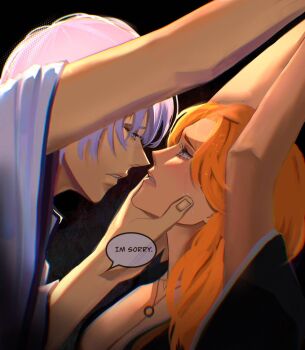 1boy 1girl arms_up bleach blue_eyes breasts chromatic_aberration cleavage commentary crying english_commentary english_text ichimaru_gin jewelry kabedon large_breasts matsumoto_rangiku nanasenpaiii necklace orange_hair pink_hair streaming_tears tears unusually_open_eyes