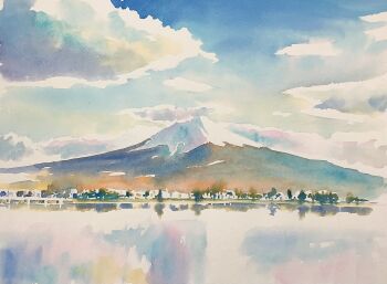 Rule 34 | blue sky, cloud, didi daisukedoi, highres, lake, mountain, no humans, original, outdoors, painting (medium), scenery, sky, traditional media, tree, watercolor (medium)