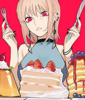 1girl absurdres aegyo_sal blonde_hair cake chainsaw_man character_request check_character ear_piercing earrings fami_(chainsaw_man) food fork highres holding holding_fork holding_knife jewelry knife piercing pudding red_background red_eyes ringed_eyes sailen0 simple_background solo strawberry_cake teeth