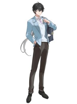 1boy abby_(wuthering_waves) bag bag_charm black_hair black_pants black_shoes blue_jacket charm_(object) closed_eyes closed_mouth facing_viewer full_body grey_sweater hair_between_eyes hand_in_pocket highres jacket long_hair male_focus male_rover_(wuthering_waves) necktie pants purple_necktie rover_(wuthering_waves) school_bag shoes simple_background smile solo standing sweater white_background wuthering_waves youngjoo_kjy