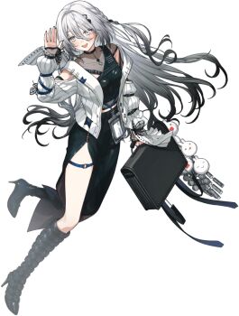 Rule 34 | 1girl, :d, arm cutout, arm up, artist request, asymmetrical footwear, bag, black bag, black boots, black shirt, black skirt, blush, boots, braid, breasts, character charm, charm (object), clothing cutout, covered collarbone, full body, gradient hair, grey hair, hair between eyes, hair ornament, high heel boots, high heels, holding, holding bag, id card, jacket, knee boots, korobit, lanyard, long bangs, long hair, long skirt, looking to the side, medium breasts, midriff peek, mole, mole under eye, mole under mouth, multicolored hair, nijisanji, o-ring, o-ring thigh strap, official art, open clothes, open jacket, open mouth, second-party source, see-through clothes, see-through shirt, shirt, side braid, side slit, simple background, skirt, sleeves past wrists, smile, solo, sophia valentine, sophia valentine (1st costume), thigh strap, transparent background, triangle hair ornament, very long hair, virtual youtuber, white eyes, white jacket