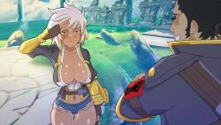1girl amplected animated ass audible_speech blazblue bouncing_breasts breasts bullet_(blazblue) cleavage cum denim denim_shorts denim_thong english_audio bad_tag large_breasts shorts sound tagme video