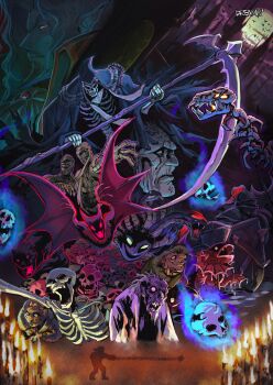 artist_name bat_(animal) black_panther candle castlevania_(1986) castlevania_(series) chain_whip commentary death_(castlevania) dracula_(castlevania) dreaminerryday english_commentary frankenstein&#039;s_monster highres holding holding_scythe holding_shield knight medusa_head merman_(castlevania) mummy panther scythe shield simon_belmont skeleton webbed_hands