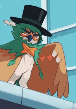 bird bishoujo_senshi_sailor_moon building cosplay crossover decidueye feathers gen_7_pokemon glass hat highres mask mateus_upd monster nintendo owl pokemon sailor_moon top_hat tuxedo_kamen tuxedo_kamen_(cosplay) wings