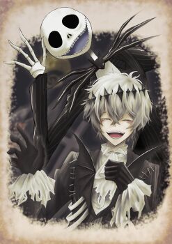 2boys ayanamya black_crown crown diamond_hairband formal_clothes gloves highres jack_skellington jacket long_sleeves looking_at_viewer male_focus multiple_boys pinstripe_jacket pinstripe_pattern pinstripe_vest short_hair skeleton_print skully_j._graves smile striped_clothes striped_jacket striped_vest suit sunglasses the_nightmare_before_christmas twisted_wonderland vertical-striped_clothes vertical-striped_vest vest