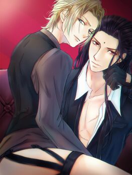 2boys bindi black_gloves black_hair black_vest blonde_hair blue_eyes collar collarbone earrings eyebrows eyes_visible_through_hair final_fantasy final_fantasy_vii final_fantasy_vii_remake formal_clothes garter_straps gloves highres jewelry legs long_hair looking_at_viewer male_focus multiple_boys parted_bangs parted_lips pectorals pectorals ponco_pacoooon red_eyes rufus_shinra scar scar_on_chest shirt short_hair square_enix suit thighs tseng turks_(ff7) unbuttoned unbuttoned_shirt vest white_shirt wing_collar yaoi