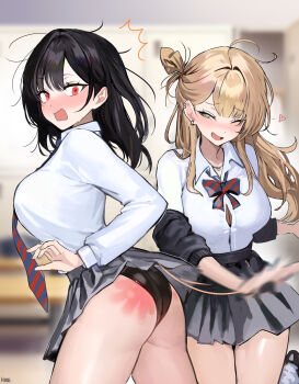 2girls ^^^ absurdres ass black_hair black_panties blonde_hair blurry blurry_background blush bow bowtie breasts button_gap commentary_request embarrassed green_eyes grey_skirt haze_(7h4ze) highres indoors jewelry large_breasts long_hair multiple_girls necklace necktie one_eye_closed original panties red_eyes school_uniform shirt skirt slap_mark slapping striped_bow striped_bowtie striped_clothes striped_necktie underwear white_shirt yuri