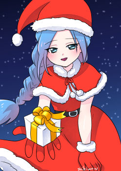 1girl blue_hair capelet christmas chrono_trigger dress fur-trimmed_headwear fur_trim gloves hat highres long_hair looking_at_viewer open_mouth ponytail red_capelet red_gloves santa_costume santa_dress santa_hat schala_zeal shikiwo smile snowing solo