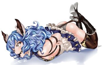 1girl absurdres animal_ears ass ball_gag bdsm between_buttocks blue_hair bondage boots bound breasts brown_eyes brown_thighhighs clothes_lift drawfagmona dress dress_lift erune ferry_(granblue_fantasy) fingernails gag gagged granblue_fantasy grey_panties high_heel_boots high_heels highres hogtie long_hair medium_breasts panties rope saliva sideboob signature thighhighs underwear white_background