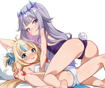 2girls :q ahoge all_fours animal_ear_fluff animal_ears ass bare_shoulders barefoot blonde_hair blue_eyes blue_streaks blush breasts cameltoe cat_ears fake_tail feet fins fish_tail gem_hair_ornament highleg highleg_leotard highres hololive hololive_english indie_virtual_youtuber kneepits koseki_bijou leotard licking_lips lifebuoy_hair_ornament loli long_hair looking_at_viewer low_twintails luxuriou_s lying multicolored_hair multiple_girls naughty_face on_back open_mouth pillow purple_eyes purple_hair purple_leotard rabbit_tail sameko_saba small_breasts smile soles spread_legs strapless strapless_leotard streaked_hair tail thighs tongue tongue_out twintails very_long_hair virtual_youtuber white_leotard