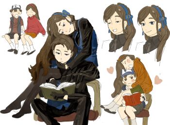 1boy 1girl ^_^ alternate_universe baseball_cap black_gloves black_pants black_pantyhose black_shirt black_skirt blue_eyes blue_headband blue_vest blush book brown_eyes brown_hair carrying closed_eyes collared_shirt commentary dipper_gleeful dipper_pines earrings expressionless facial_mark forehead_mark gloves grabbing_another&#039;s_chin gravity_falls grin half-closed_eyes hand_on_another&#039;s_chin hat headband heart highres holding holding_book jewelry kneehighs long_sleeves looking_at_another ma_fu mabel_gleeful mabel_pines multiple_views no_shoes pants pantyhose parted_hair pleated_skirt princess_carry reading red_headband red_sweater reverse_falls_(gravity_falls) shirt shorts siblings side_part sidelocks sitting sitting_on_shoulder sketch skirt smile socks sweatdrop sweater symbol-only_commentary t-shirt turtleneck turtleneck_sweater vest waistcoat white_background white_socks yellow_headband yellow_skirt yellow_sweater