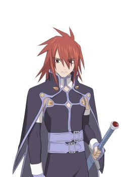 Rule 34 | 1boy, artist request, belt, brown eyes, cape, closed mouth, collared cape, commentary, cowboy shot, fingerless gloves, game cg, gloves, holding, holding sword, holding weapon, kratos aurion, looking at viewer, male focus, medium hair, multiple belts, official art, pants, purple belt, purple cape, purple gloves, purple pants, purple trim, red hair, solo, spiked hair, standing, sword, tales of (series), tales of asteria, tales of symphonia, third-party source, transparent background, weapon