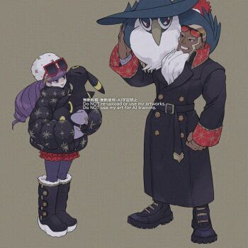 1boy 1girl alternate_costume black_boots black_coat black_shoes blunt_bangs boots closed_mouth coat dark-skinned_male dark_skin eyewear_on_headwear gen_2_pokemon gen_4_pokemon grin hand_up haraya hat holding holding_pokemon honchkrow long_hair long_sleeves mixed-language_commentary nintendo pokemon pokemon_(creature) pokemon_masters_ex purple_hair rachel_(pokemon) sawyer_(pokemon_masters_ex) shoes short_hair simple_background smile standing sunglasses teeth umbreon watermark