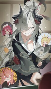 absurdres black_bow black_halo black_horns black_kimono blonde_hair blue_archive blue_halo blush blush_stickers bow closed_eyes commentary_request cowboy_shot g5_(g5_gugu) green_eyes grey_hair hair_between_eyes hair_bow hair_bun hair_intakes hair_over_one_eye halo happy highres holding_table_tennis_paddle horns ibuki_(blue_archive) indoors iroha_(blue_archive) japanese_clothes kimono kirara_(blue_archive) laughing long_hair looking_at_viewer makoto_(blue_archive) multicolored_horns open_mouth orange_hair paddle pink_halo pointy_ears red_hair red_horns sigh single_hair_bun single_side_bun slit_pupils smil sparkle speech_bubble standing sweat table_tennis table_tennis_paddle teeth towel two-tone_horns yellow_halo