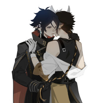 Rule 34 | 2boys, 676643396dolce, arknights, black cape, black gloves, black shirt, blue hair, blush, braid, cape, chinese commentary, commentary request, cow horns, ear blush, embarrassed, gloves, green eyes, hand up, hands on another's shoulders, high collar, highres, holding another's hair, horns, leaning forward, male focus, multiple boys, nervous sweating, off shoulder, pants, pointy ears, red cape, shirt, simple background, sweat, two-sided cape, two-sided fabric, wan qing (arknights), whispering, white background, white gloves, white shirt, yaoi, yellow pants, zuo le (arknights)