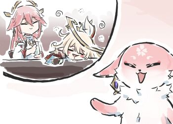 2girls alice_(genshin_impact) animal_ears blonde_hair closed_eyes closed_mouth drooling drunk fox fox_ears genshin_impact highres japanese_clothes long_sleeves miko multiple_girls open_mouth pink_hair simple_background smile spoken_character white_background xinzoruo yae_miko yae_miko_(fox)