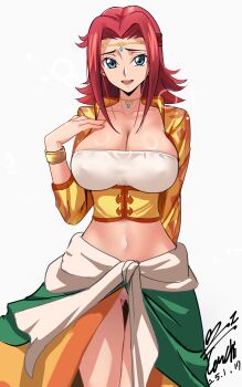 1girl absurdres artist_name blue_eyes breasts code_geass dated female_focus highres kouzuki_kallen large_breasts looking_at_viewer official_alternate_costume open_mouth red_hair simple_background tagme white_background yoo_tenchi