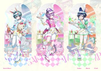 3boys absurdres animal_ears aqua_eyes aqua_hair black_hair blue_choker blue_shirt bottle choker commentary cup dragon_horns dragon_wings durin_(genshin_impact) english_commentary genshin_impact glass gloves gradient_hair green_shirt hat highres holding holding_bottle holding_plate holding_spoon horns kkopoli leg_tattoo leg_up lohen_(genshin_impact) long_hair long_sleeves mouse_ears multicolored_eyes multicolored_hair multiple_boys pants pink_shirt plate purple_hair rabbit_ears roller_skates sake_bottle shirt shoes short_hair shorts skates spoon striped_clothes striped_shirt stuffed_animal stuffed_toy tattoo teddy_bear v v_over_eye venti_(genshin_impact) visor_cap white_gloves white_hat white_pants white_shoes white_shorts white_sleeves wings