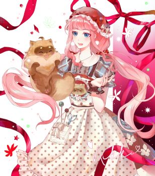 1girl absurdres apron bibcoon_(infinity_nikki) blue_dress blue_eyes bow bowtie buttons center_frills character_name chinese_commentary collared_dress colored_eyelashes commentary_request dot_nose dress feet_out_of_frame floating_hair floral_print frilled_apron frilled_headwear frilled_sleeves frilled_wrist_cuffs frills hair_ornament hair_scrunchie hat hat_bow highres infinity_nikki light_blush light_particles lolita_fashion long_hair looking_at_animal medium_dress mob_cap nikki_(nikki) nikki_(series) open_mouth patchwork_clothes pink_background pink_hair pocket polka_dot polka_dot_apron puffy_short_sleeves puffy_sleeves raccoon raccoon_print red_bow red_bowtie red_dress red_hat red_ribbon red_scrunchie red_wrist_cuffs ribbon scissors scrunchie sewing_pin shatang_juxiaogou short_sleeves smile striped_bow sweet_jazz_nights_(infinity_nikki) two-tone_background two-tone_dress very_long_hair white_apron white_background white_bow wrist_cuffs