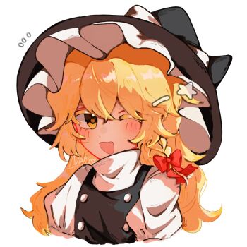 1girl black_vest blonde_hair blush bow braid chinese_commentary commentary_request fang hair_bow hat hat_bow highres kirisame_marisa long_hair looking_at_viewer nagi_(pixiv_108409221) one_eye_closed open_mouth puffy_short_sleeves puffy_sleeves red_bow short_sleeves side_braid signature simple_background single_braid smile solo touhou vest white_background white_bow witch_hat yellow_eyes