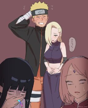 1boy 3girls 5_nan_(5nan_5nan) bandaged_arm bandages black_hair black_headband black_jacket blank_eyes blonde_hair blue_eyes breasts closed_eyes crop_top facial_mark forehead_mark grin hair_over_one_eye hairband hands_on_own_stomach haruno_sakura headband highres hyuuga_hinata implied_pregnancy jacket large_breasts long_skirt midriff multiple_girls naruto:_the_last naruto_(series) pink_hair purple_skirt red_hairband skirt smile sweatdrop translation_request twitter_username uzumaki_naruto vomiting_rainbows yamanaka_ino