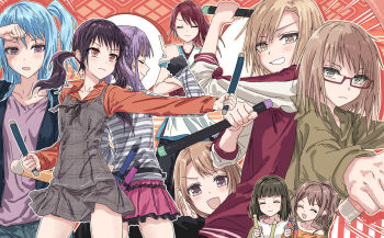 6+girls bang_dream! bang_dream!_girls_band_party! bare_shoulders blonde_hair blue_hair blue_jacket blue_shirt brown_hair camisole camisole_over_clothes clenched_hand closed_eyes collarbone commentary_request futaba_tsukushi glasses green_hoodie grey_camisole grey_shirt grey_skirt grin highres holding hood hood_down hoodie jacket letterman_jacket long_hair long_sleeves matsubara_kanon medium_hair miniskirt multiple_girls off-shoulder_shirt off_shoulder one_side_up open_clothes open_jacket orange_shirt pink_skirt plaid_camisole plaid_clothes plaid_skirt pleated_skirt ponytail purple_eyes purple_shirt red-framed_eyewear red_background red_hair red_jacket sato_masuki semi-rimless_eyewear shirt short_sleeves skirt smile striped_clothes striped_shirt toyama_asuka udagawa_ako udagawa_tomoe under-rim_eyewear ushigome_rimi v-shaped_eyebrows white_shirt yamabuki_saya yamato_maya yellow_eyes yukitake_(bullfalk)