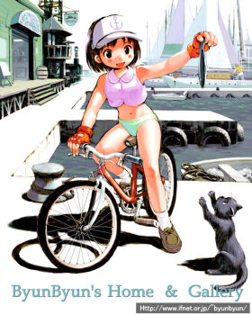 1boy 1girl animal aqua_panties arm_up artist_name bad_id barrel bicycle black_cat black_eyes black_hair boat brown_shoes building cat collared_jacket commentary cropped_jacket day dock fingerless_gloves fish gloves holding holding_animal holding_fish jacket midriff mooring_post navel open_mouth orange_gloves original outdoors panties port rearing riding riding_bicycle rope sailboat shoes shop short_hair sleeveless sleeveless_jacket smile socks solo_focus tsuzuki_kazuhiko underwear visor_cap watercraft watermark web_address white_jacket white_socks