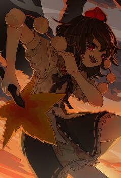 1girl bare_arms black_bow black_bowtie black_hair black_skirt black_wings bow bowtie buttons cloud collared_shirt commentary_request cowboy_shot eyelashes feathered_wings flying frilled_skirt frills gradient_sky hair_between_eyes hand_fan hand_on_own_shoulder happy hat highres holding holding_fan ichirugi knee_up leaf_fan leaf_print medium_hair miniskirt orange_sky outdoors pom_pom_(clothes) puffy_short_sleeves puffy_sleeves red_eyes red_hat ribbon-trimmed_shirt ribbon-trimmed_skirt ribbon_trim shameimaru_aya shirt short_sleeves skirt sky solo spread_wings sunset tokin_hat touhou white_shirt wings