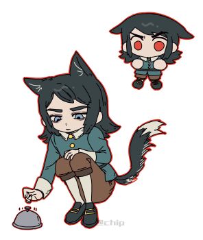 1boy abaddon_(haunted_hotel) absurdres animal_ears black_hair blue_coat blue_eyes call_bell cat_boy cat_ears cat_tail chibi child coat hand_on_own_knee haunted_hotel highres kemonomimi_mode knees_up long_hair male_focus multiple_views noecho simple_background squatting tail white_background