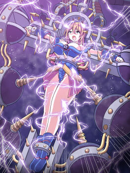 1girl absurdres baketsumuri blonde_hair blue_boots blue_eyes boots breasts byser_shock cleavage commentary_request crucifixion dark_magician_girl duel_monster electrocution green_eyes highres large_breasts long_hair no_headwear pelvic_curtain restrained ryona spikes textless_version vambraces yu-gi-oh!