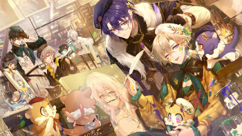 4boys alternate_costume animal apron aventurine_(honkai:_star_rail) beret black_gloves black_hair black_shirt blonde_hair bubbles_(honkai:_star_rail) caelus_(honkai:_star_rail) canvas_(object) chimera_(honkai:_star_rail) closed_eyes clothing_cutout commentary_request dan_heng_(honkai:_star_rail) dr._ratio_(honkai:_star_rail) dutch_angle facepaint fur_hat fur_trim glasses gloves green_hat green_shirt grey_hair guest_art hand_on_own_chin hand_on_own_forehead hat highres holding holding_animal holding_paintbrush holding_quill honkai:_star_rail honkai_(series) hoyofair indoors long_sleeves looking_at_viewer male_focus march_7th_(honkai:_star_rail) matori_(penguin_batake) multiple_boys one_eye_closed paintbrush purple_eyes purple_hair quill red_eyes shirt short_hair shoulder_cutout sitting smile standing tongue tongue_out trailblazer_(honkai:_star_rail) white_apron yellow_eyes