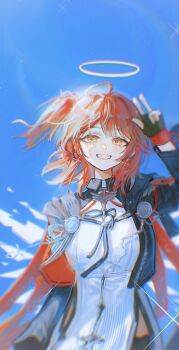 1girl :d absurdres arknights arm_up artist_name black_gloves black_jacket blurry chinese_commentary chromatic_aberration commentary_request cowboy_shot detached_wings exusiai_(arknights) exusiai_the_new_covenant_(arknights) fingerless_gloves gloves grin halo highres jacket light_particles looking_at_viewer one_side_up open_mouth red_hair sakiyo shirt short_hair smile solo standing traditional_halo w white_halo white_shirt wings yellow_eyes