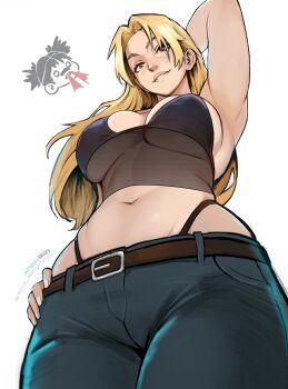 Rule 34 | 1boy, 1girl, absurdres, blonde hair, breasts, choso (jujutsu kaisen), denim, highres, jeans, jujutsu kaisen, large breasts, long hair, miss faves, navel, pants, smile, solo focus, striped clothes, thong, tsukumo yuki (jujutsu kaisen)