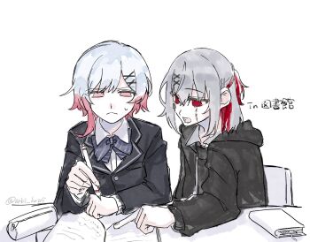 arki_hrzoi artist_name bandaid bandaid_on_face black_hoodie black_suit book bow bowtie chair collared_shirt colored_inner_hair commentary_request formal_clothes gradient_hair grey_hair hair_ornament highres holding holding_pen hood hoodie mahou_shoujo_no_majo_saiban multicolored_hair open_book open_mouth pen pencil_case pink_eyes pink_hair red_eyes red_hair sakuraba_ema shirt shito_alisa short_hair signature simple_background stitched_face stitches studying suit sweatdrop table white_background white_hair white_shirt x_hair_ornament