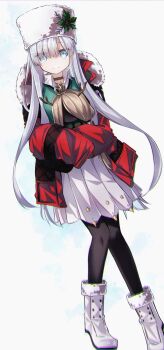 1girl anastasia_(fate) anastasia_(shvibzik_snow)_(fate) belt black_pantyhose blue_eyes boots breasts choker collared_shirt commentary_request doll fate/grand_order fate_(series) full_body fur_collar fur_hat green_sweater hair_over_one_eye hat highres holding holding_doll jacket long_hair long_sleeves looking_at_viewer medium_breasts pantyhose red_jacket shirt skirt smile solo sweater ushanka viy_(fate) white_boots white_hair white_hat white_shirt white_skirt yubeshi_(zecxl)