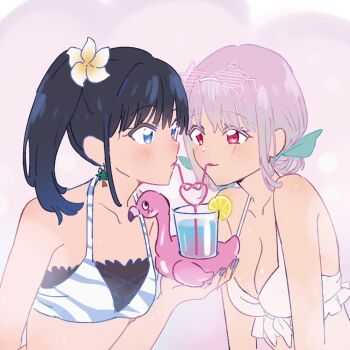 2girls adjusting_eyewear bare_shoulders bikini black_hair blue_eyes blue_nails breasts cleavage clenched_teeth cocktail cup detached_sleeves drinking drinking_glass drinking_straw drinking_straw_in_mouth earrings eyewear_on_head flower flower_earrings food gradient_hair green-framed_eyewear gridman_universe gridman_universe_(movie) hair_flower hair_ornament hair_ribbon heart-shaped_innertube highres holding holding_cup innertube jewelry large_breasts long_hair multicolored_hair multiple_girls nail_polish nikonishi purple_hair red_eyes red_hair ribbon shinjou_akane side_ponytail single_detached_sleeve sitting small_breasts smile star-shaped_eyewear star_(symbol) swimsuit takarada_rikka teeth upper_body
