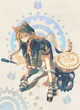 1girl animal_ears animal_hood arknights back_bow bent_over black_jacket black_sandals black_shorts blue_eyes bow brown_hair cat_ears cat_hood cat_tail chinese_commentary closed_mouth commentary_request enderrabbit fake_animal_ears full_body holding holding_mallet hood hood_up hooded_jacket jacket long_hair long_sleeves mallet paw_print pepe_(arknights) platform_sandals sandals shorts smile solo tail thigh_strap white_bow