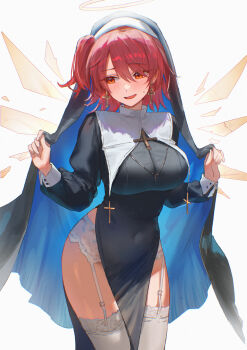 1girl absurdres alternate_breast_size_(larger) alternate_costume arknights black_dress black_veil blush breasts commentary_request covered_navel cowboy_shot cross cross_earrings detached_wings dress earrings embarrassed energy_wings exusiai_(arknights) exusiai_the_new_covenant_(arknights) garter_belt garter_straps gloves hair_between_eyes halo hands_up highres huge_breasts jewelry lace lace-trimmed_thighhighs lace_trim large_breasts long_sleeves medium_hair nun odaibako one_side_up open_mouth orange_eyes pelvic_curtain red_hair request_inset simple_background solo textless_version thighhighs traditional_halo uof veil white_background white_garter_straps white_thighhighs wings yellow_halo